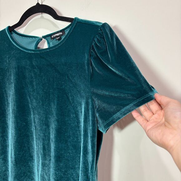 Express Teal Green Velvet Top Women L Short Sleeves Whimsigoth Fairy Romantic - Picture 2 of 7